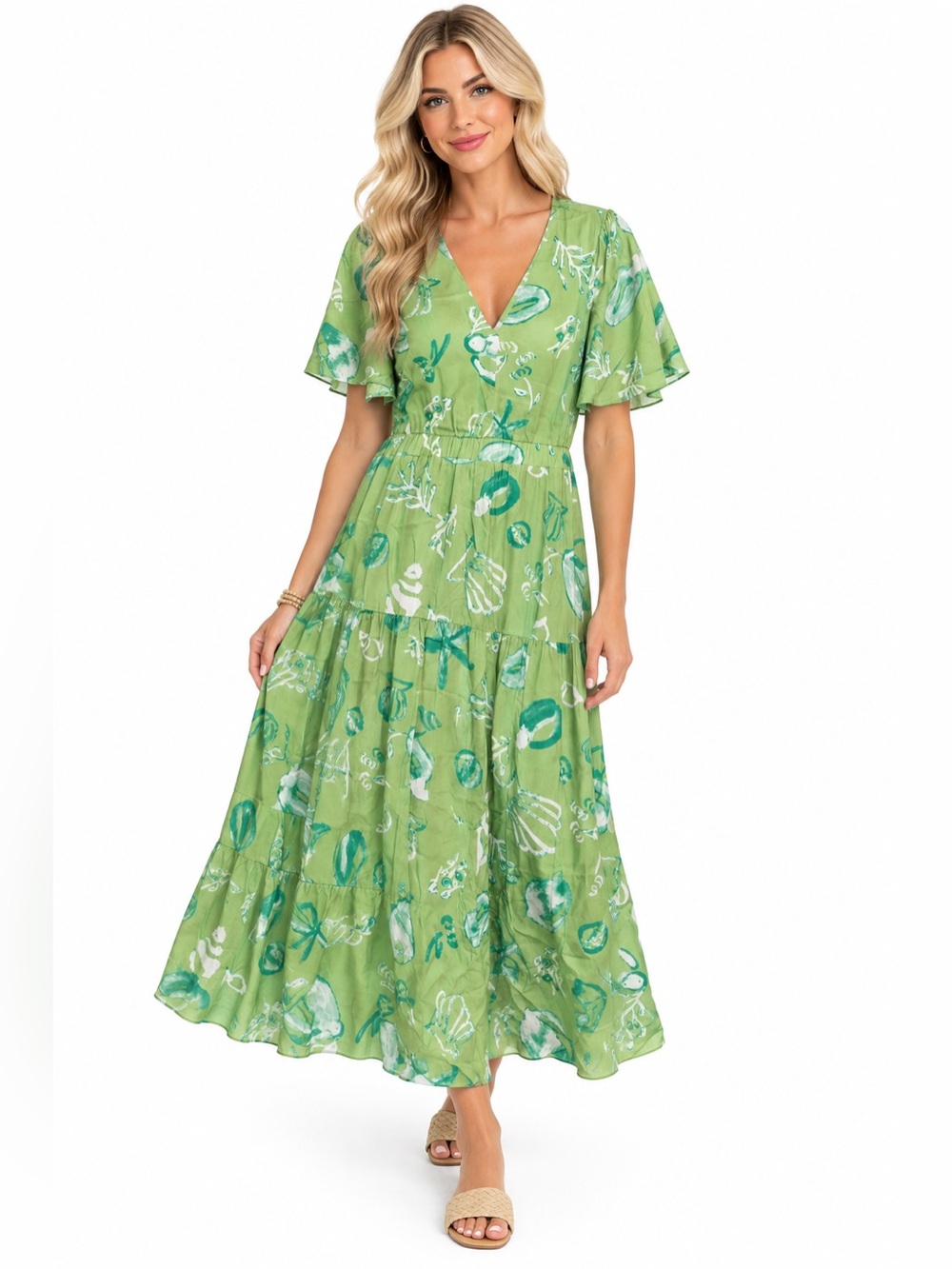 NWT New In Collection Size Medium Beach Seashell Green Floral V-Neck Maxi Dress